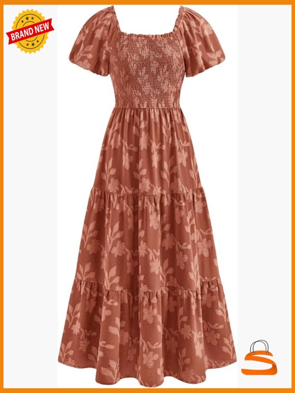 Boho Floral Maxi Dress Square Neck Smocked Puff Sleeve